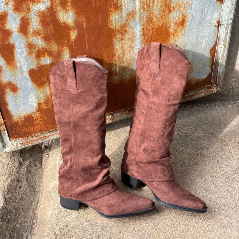 Γυναικείες μπότες με σουέντ επάνω, μυτερή μύτη, φαρδύς τακούνι 3–5 cm, σόλα καουτσούκ, ρετρό στυλ