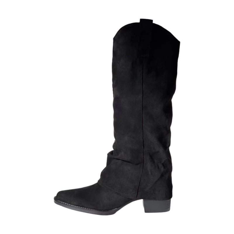 Γυναικείες μπότες με σουέντ επάνω, μυτερή μύτη, φαρδύς τακούνι 3–5 cm, σόλα καουτσούκ, ρετρό στυλ