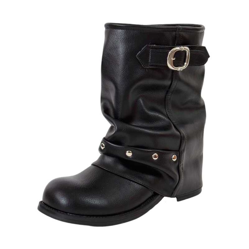 Βιντάζ μποτάκια με ριβέτ και πιλέσι, μέχρι τη γάμπα, τακούνι 3-5 εκ, άνω μέρος από Super Fiber