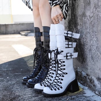 Γυναικείες δερμάτινες μπότες με φαρδύ τακούνι 6–8 εκ, μέσο ύψος μέχρι τη γάμπα, πλαϊνή φερμουάρ, καουτσούκ σόλα