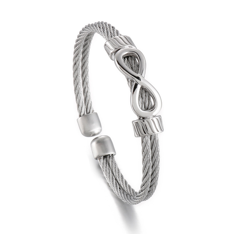 Brățară din oțel de titan cu cablu, deschisă, motiv infinit-8, stil punk hip-hop, design geometric, finisaj electroplatat