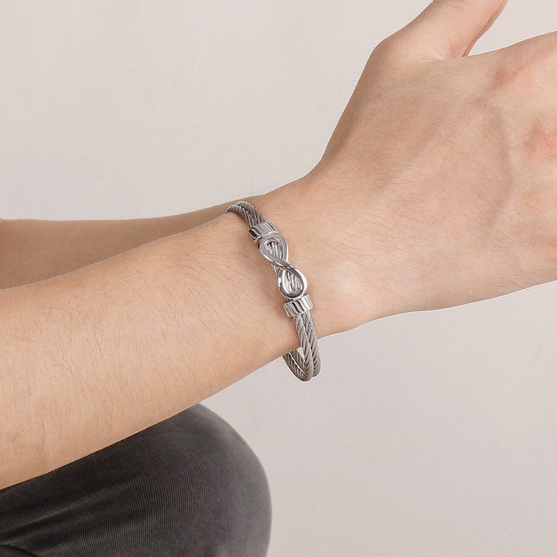 Brățară din oțel de titan cu cablu, deschisă, motiv infinit-8, stil punk hip-hop, design geometric, finisaj electroplatat