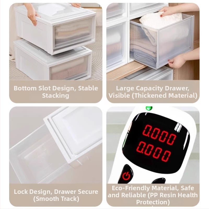 Съхранителна кутия с чекмедже, прозрачен пластмасов корпус, 30–40 л, PP смола, японски стил, прахоустойчива и влагозащитена