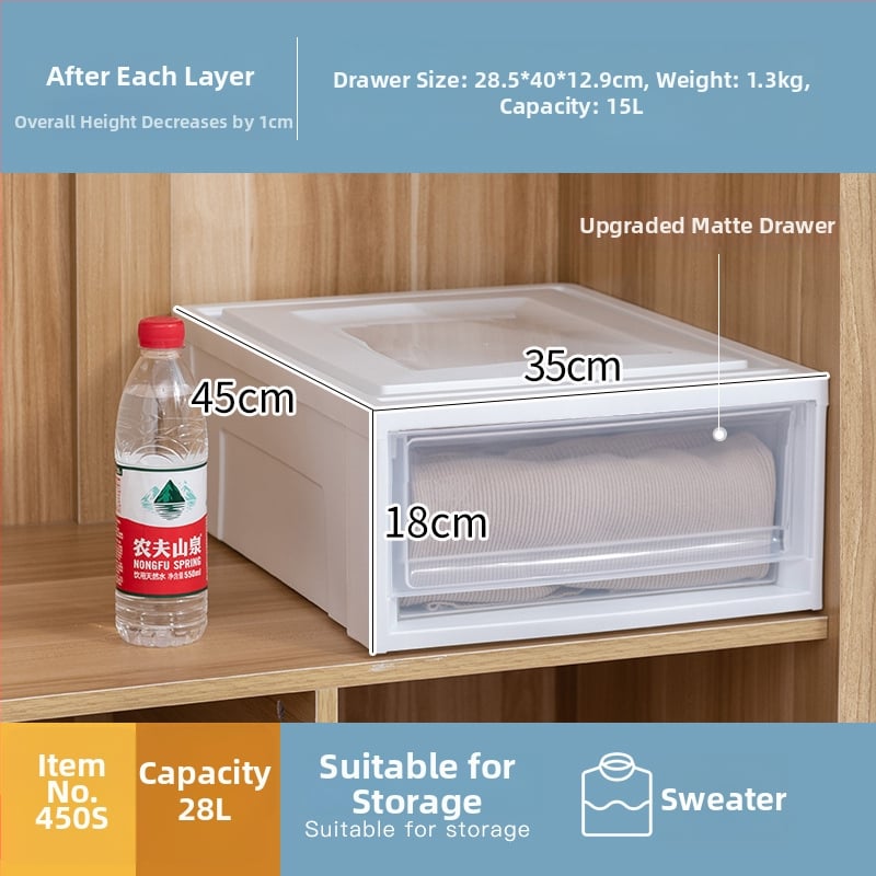 Съхранителна кутия с чекмедже, прозрачен пластмасов корпус, 30–40 л, PP смола, японски стил, прахоустойчива и влагозащитена