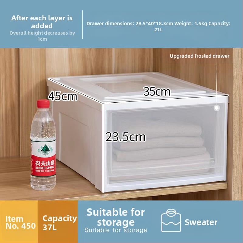 Съхранителна кутия с чекмедже, прозрачен пластмасов корпус, 30–40 л, PP смола, японски стил, прахоустойчива и влагозащитена
