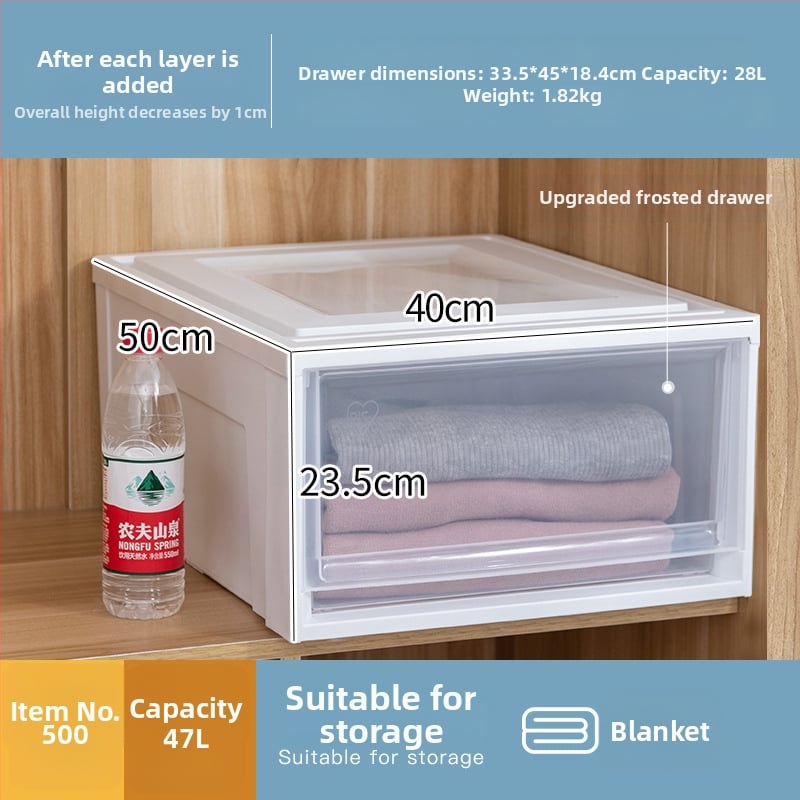 Съхранителна кутия с чекмедже, прозрачен пластмасов корпус, 30–40 л, PP смола, японски стил, прахоустойчива и влагозащитена