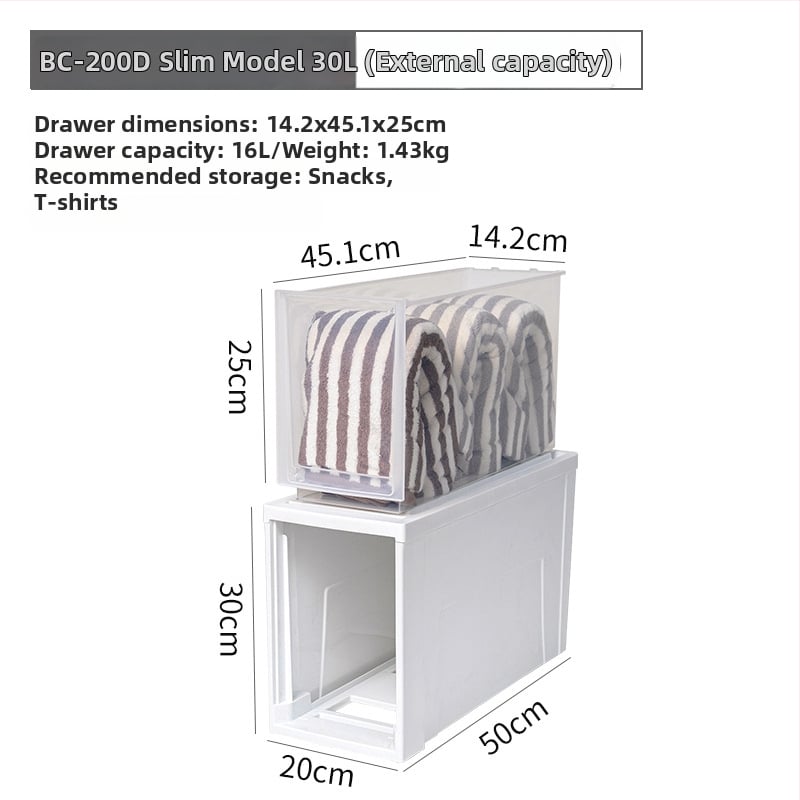 Съхранителна кутия с чекмедже, прозрачен пластмасов корпус, 30–40 л, PP смола, японски стил, прахоустойчива и влагозащитена