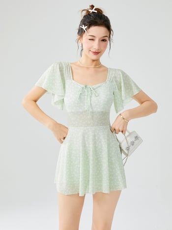 Plus-size ženski jednodijelni kupaći kostim sa suknjom, sladak sitni cvjetni print, konzervativan i laskav kroj, s punjenim grudima