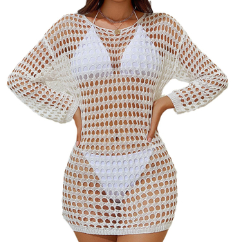 Ženski pleteni plážni cover-up bikini s prozračnim uzorkom, dugi rukavi, okrugli izrez