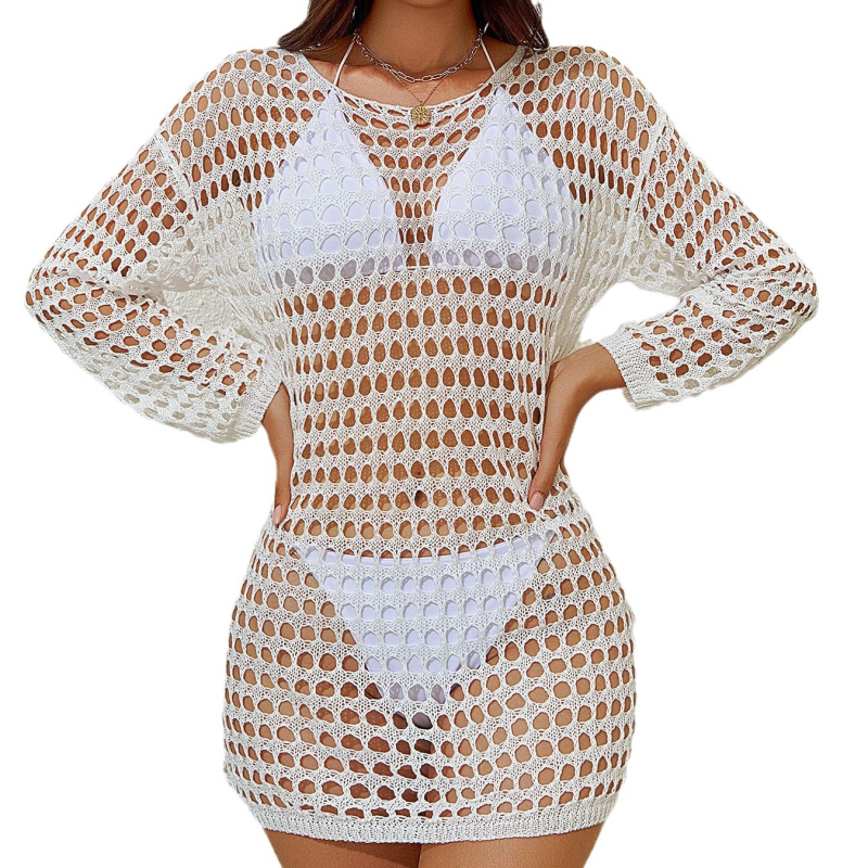 Ženski pleteni plážni cover-up bikini s prozračnim uzorkom, dugi rukavi, okrugli izrez