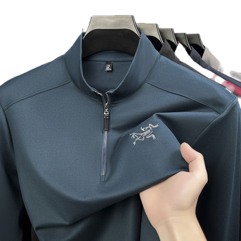 Férfi hosszú ujjú felső álló gallérral, pullover dizájn, testhez álló szabás, lélegző, hímzett vállak