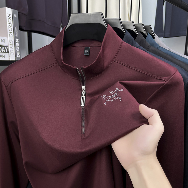 Férfi hosszú ujjú felső álló gallérral, pullover dizájn, testhez álló szabás, lélegző, hímzett vállak