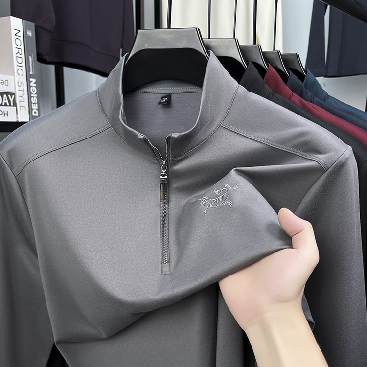 Férfi hosszú ujjú felső álló gallérral, pullover dizájn, testhez álló szabás, lélegző, hímzett vállak