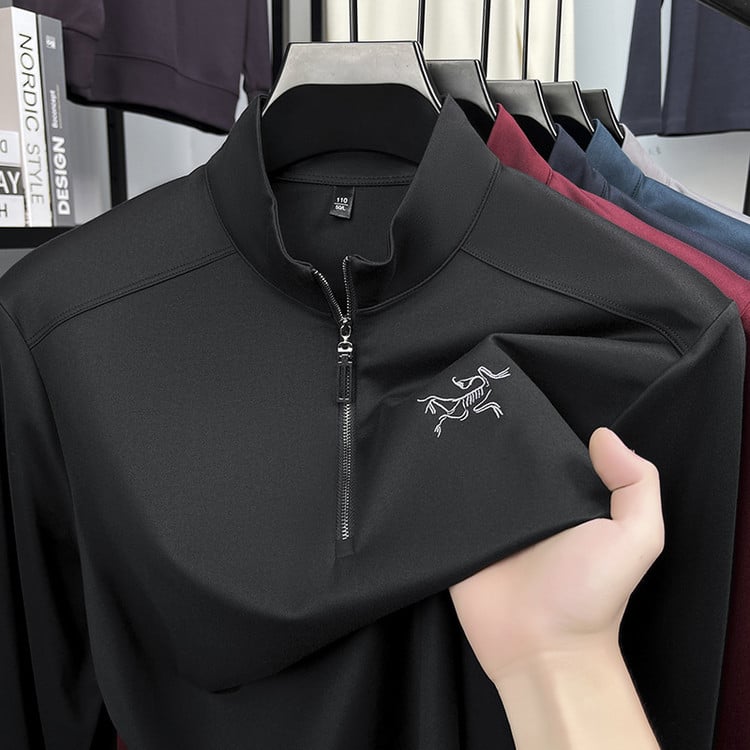 Férfi hosszú ujjú felső álló gallérral, pullover dizájn, testhez álló szabás, lélegző, hímzett vállak