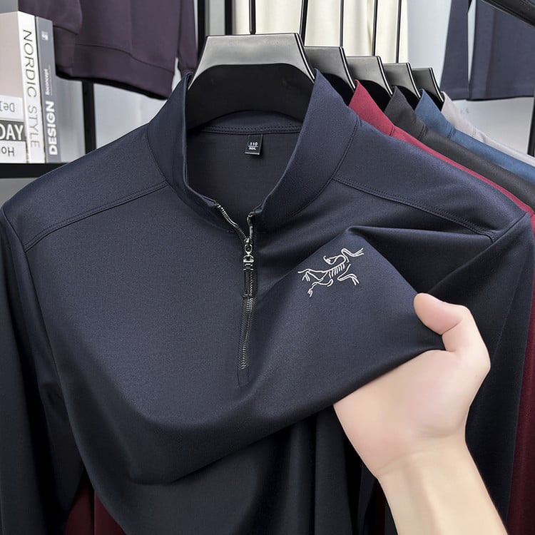 Férfi hosszú ujjú felső álló gallérral, pullover dizájn, testhez álló szabás, lélegző, hímzett vállak