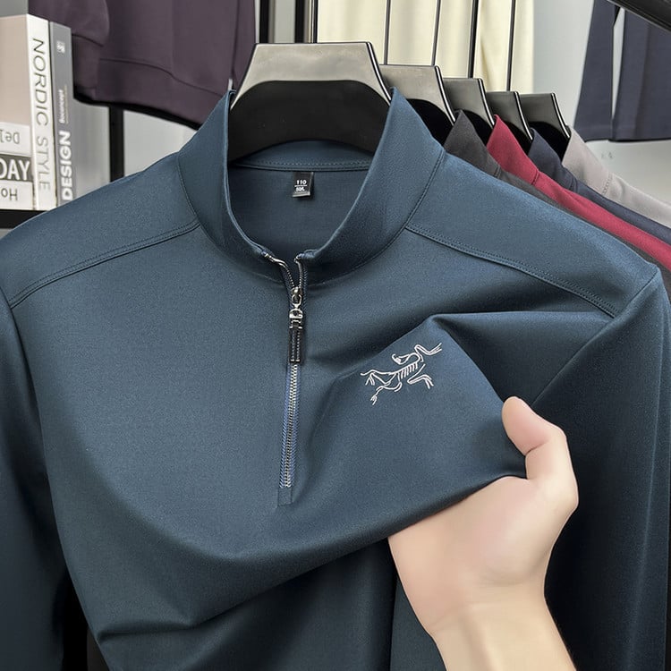 Férfi hosszú ujjú felső álló gallérral, pullover dizájn, testhez álló szabás, lélegző, hímzett vállak