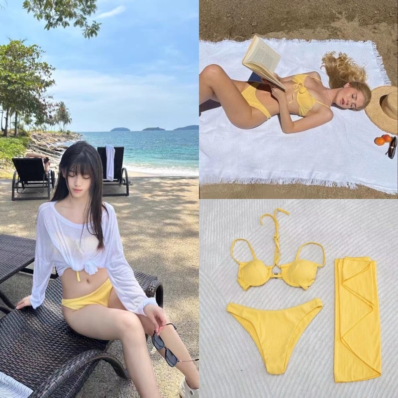 Trodjelni bikini set — najlon 82%, podstava poliester 98%, težina 200 g, seksi, otvorena leđa, izdržljiv, s jastučićem za prsa