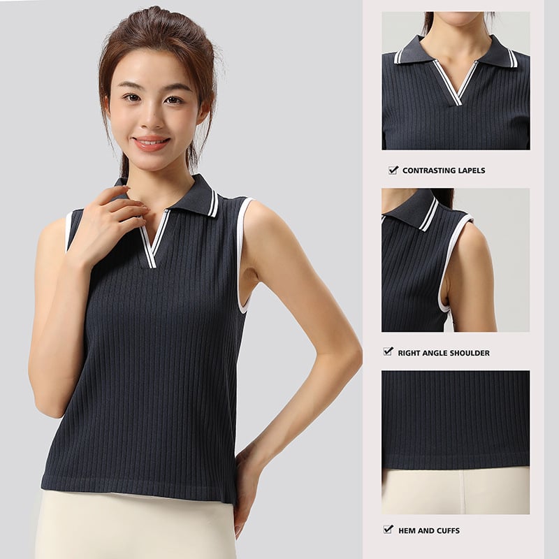 Γυναικείο χωρίς μανίκια πόλο τοπ για γιόγκα και τένις – χωρίς ραφή, απορροφά υγρασία, διαπνοή, με πόλο γιακά; Σύνθεση: 90% νάιλον, 10% σπαντέξ