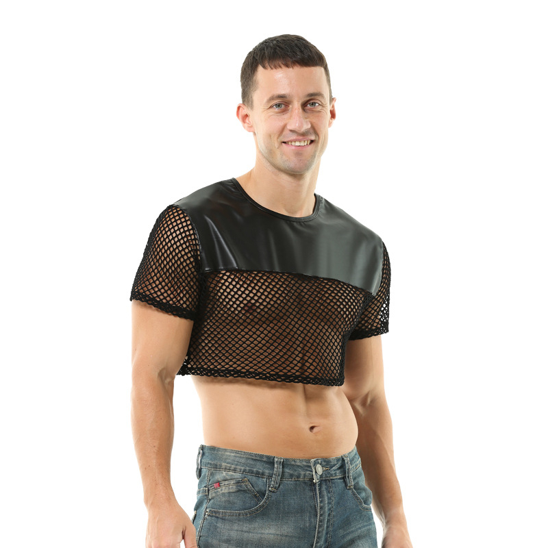 Ανδρική κοντομάνικη T‑shirt με όψη τεχνητού δέρματος και διαφανές πλέγμα, στρογγυλός λαιμός, στενή γραμμή, πολυεστέρας, αναπνεύσιμος