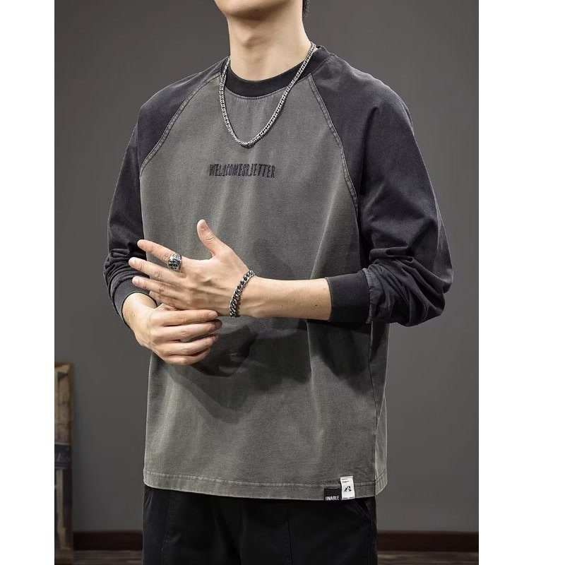 Μακρυμανίκη μπλούζα τύπου T‑shirt με κεντημένα γράμματα, φαρδιά γραμμή, ραγκλαν μανίκια, στρογγυλή λαιμόκοψη, 96%+ βαμβάκι