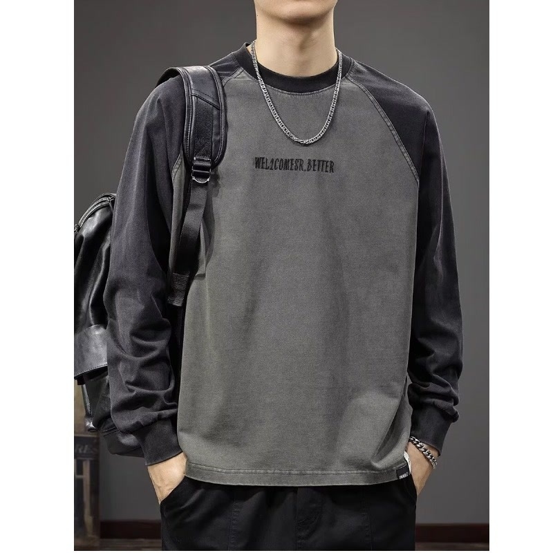 Μακρυμανίκη μπλούζα τύπου T‑shirt με κεντημένα γράμματα, φαρδιά γραμμή, ραγκλαν μανίκια, στρογγυλή λαιμόκοψη, 96%+ βαμβάκι