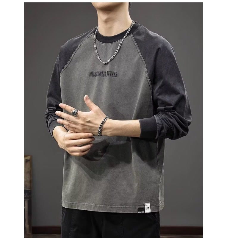 Μακρυμανίκη μπλούζα τύπου T‑shirt με κεντημένα γράμματα, φαρδιά γραμμή, ραγκλαν μανίκια, στρογγυλή λαιμόκοψη, 96%+ βαμβάκι