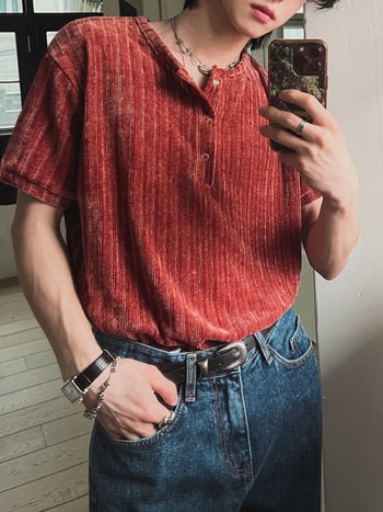 Ανδρική κοντομάνικη μπλούζα σε κορεατικό στυλ, στρογγυλός λαιμός, χαλαρή γραμμή, 100% πολυεστέρας