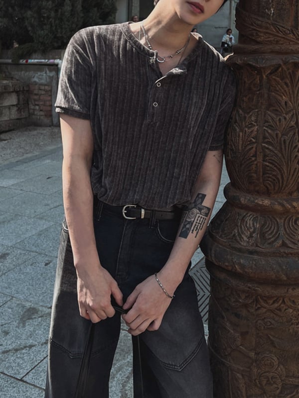 Ανδρική κοντομάνικη μπλούζα σε κορεατικό στυλ, στρογγυλός λαιμός, χαλαρή γραμμή, 100% πολυεστέρας