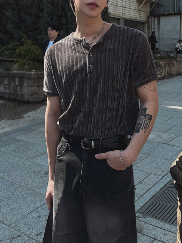 Ανδρική κοντομάνικη μπλούζα σε κορεατικό στυλ, στρογγυλός λαιμός, χαλαρή γραμμή, 100% πολυεστέρας