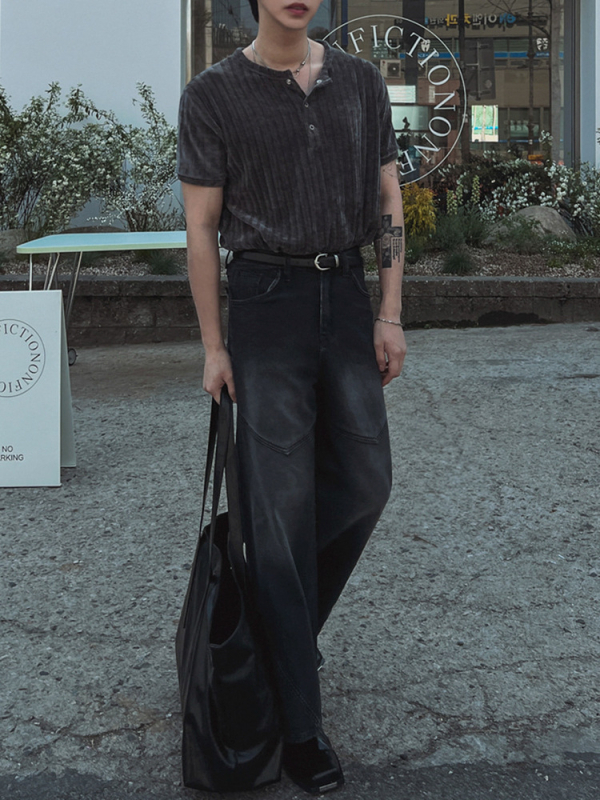 Ανδρική κοντομάνικη μπλούζα σε κορεατικό στυλ, στρογγυλός λαιμός, χαλαρή γραμμή, 100% πολυεστέρας