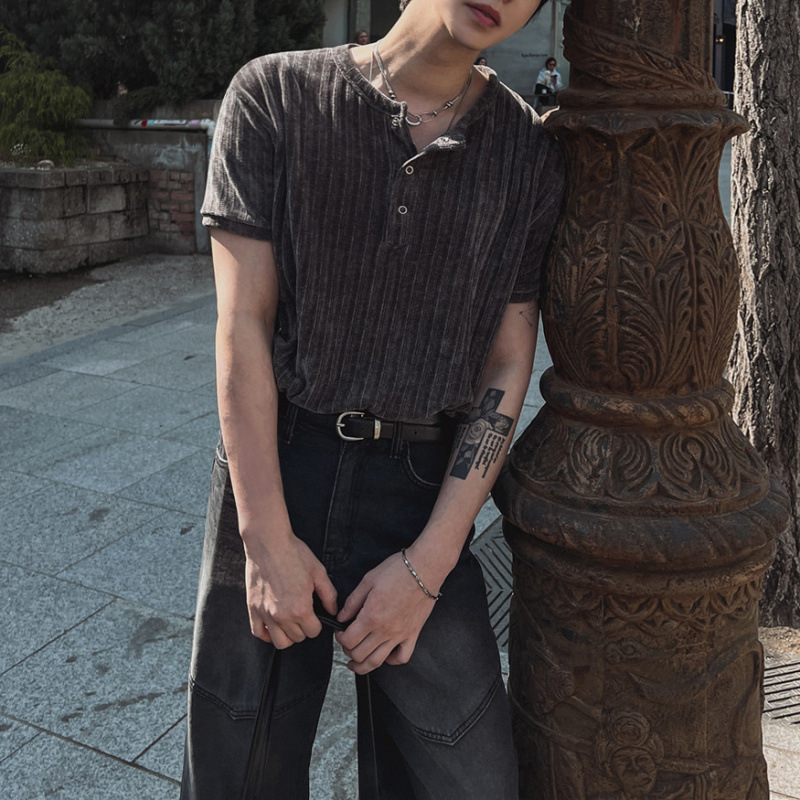 Ανδρική κοντομάνικη μπλούζα σε κορεατικό στυλ, στρογγυλός λαιμός, χαλαρή γραμμή, 100% πολυεστέρας