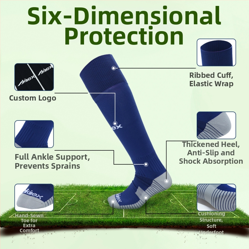 Akilex mužské futbalové ponožky do kolien s dnom z uteráka, protišmykové, odvádzajúce pot, pre profesionálny tréning; 80% nylon, 15% elastán, 5% polyester