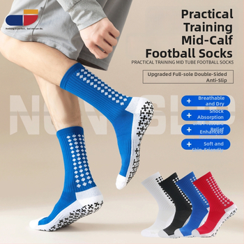 Szakmai futball edzés zokni, kétoldali ragasztóval, vastag törölközőtalppal, középhosszú, 65% poliészter, 5% spandex, 15% pamut, 15% elasztán