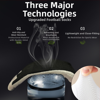 Szakmai futball edzés zokni, kétoldali ragasztóval, vastag törölközőtalppal, középhosszú, 65% poliészter, 5% spandex, 15% pamut, 15% elasztán