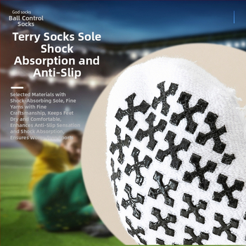 Szakmai futball edzés zokni, kétoldali ragasztóval, vastag törölközőtalppal, középhosszú, 65% poliészter, 5% spandex, 15% pamut, 15% elasztán