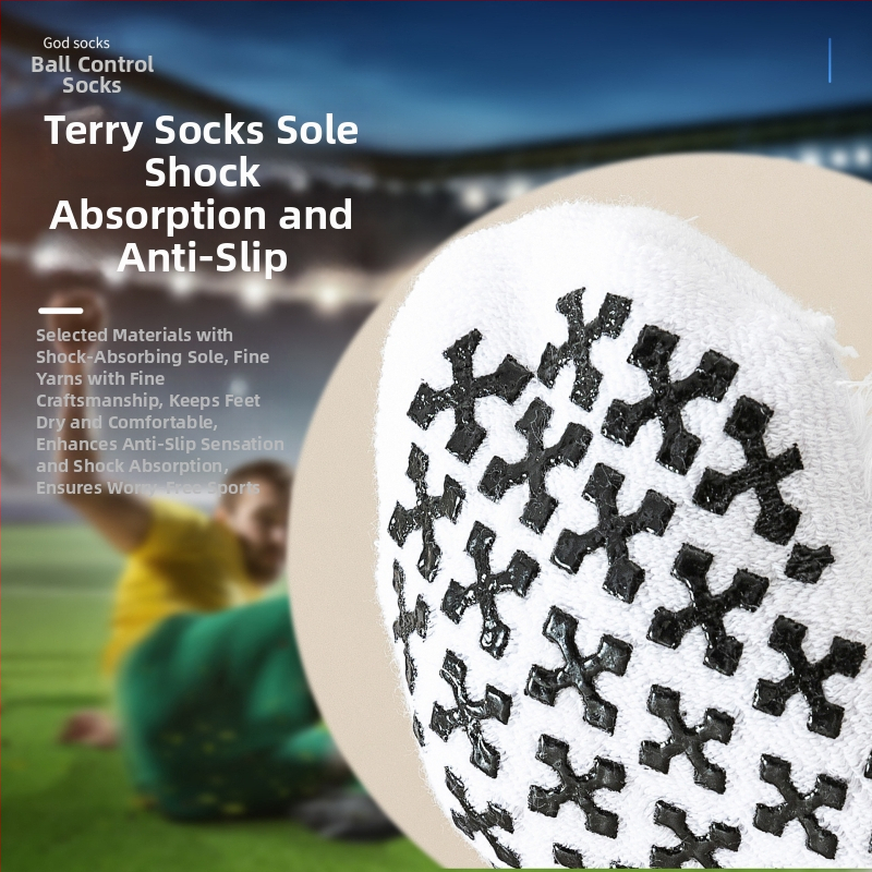 Szakmai futball edzés zokni, kétoldali ragasztóval, vastag törölközőtalppal, középhosszú, 65% poliészter, 5% spandex, 15% pamut, 15% elasztán