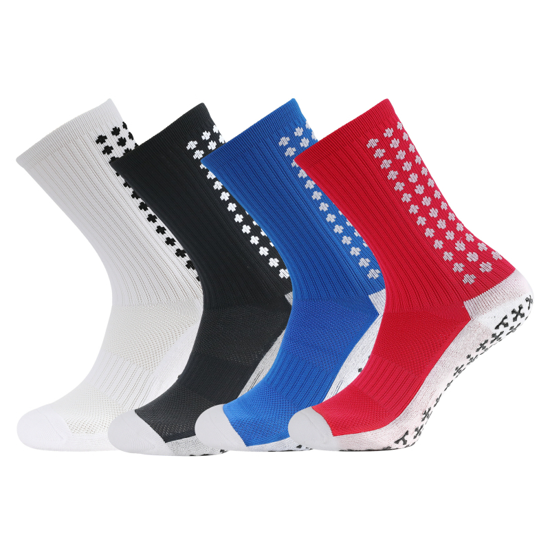 Szakmai futball edzés zokni, kétoldali ragasztóval, vastag törölközőtalppal, középhosszú, 65% poliészter, 5% spandex, 15% pamut, 15% elasztán