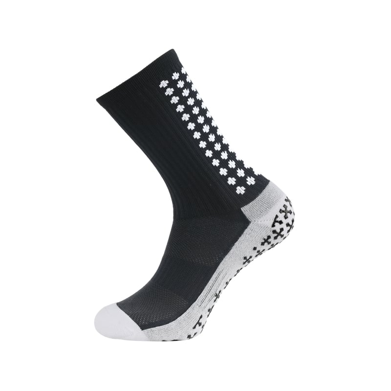 Szakmai futball edzés zokni, kétoldali ragasztóval, vastag törölközőtalppal, középhosszú, 65% poliészter, 5% spandex, 15% pamut, 15% elasztán