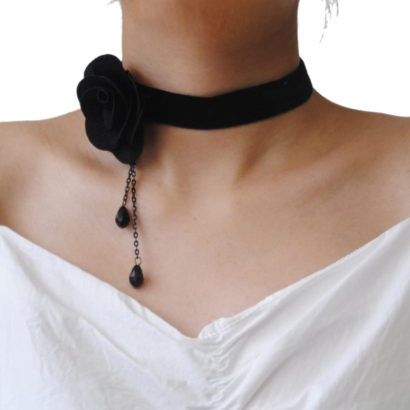 Gotski čipkasti choker s lancem ključne kosti, crni, ženski, minimalistički dizajn