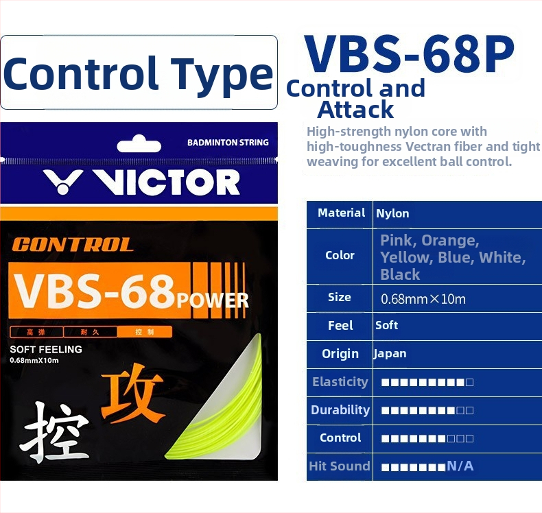 Victor struny na raketu badminton — Útočná Feather Line, vysoká elasticita, odolné, modely VBS63/66/68/69/70