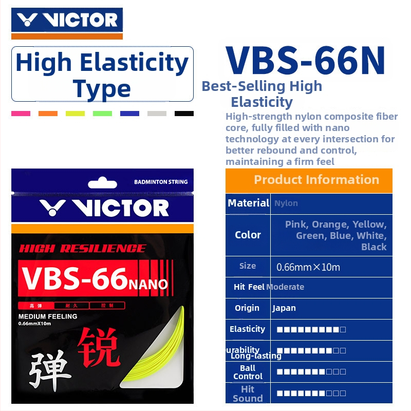 Victor struny na raketu badminton — Útočná Feather Line, vysoká elasticita, odolné, modely VBS63/66/68/69/70