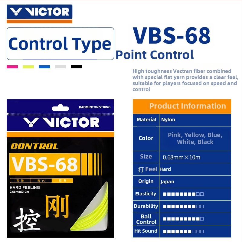Victor struny na raketu badminton — Útočná Feather Line, vysoká elasticita, odolné, modely VBS63/66/68/69/70