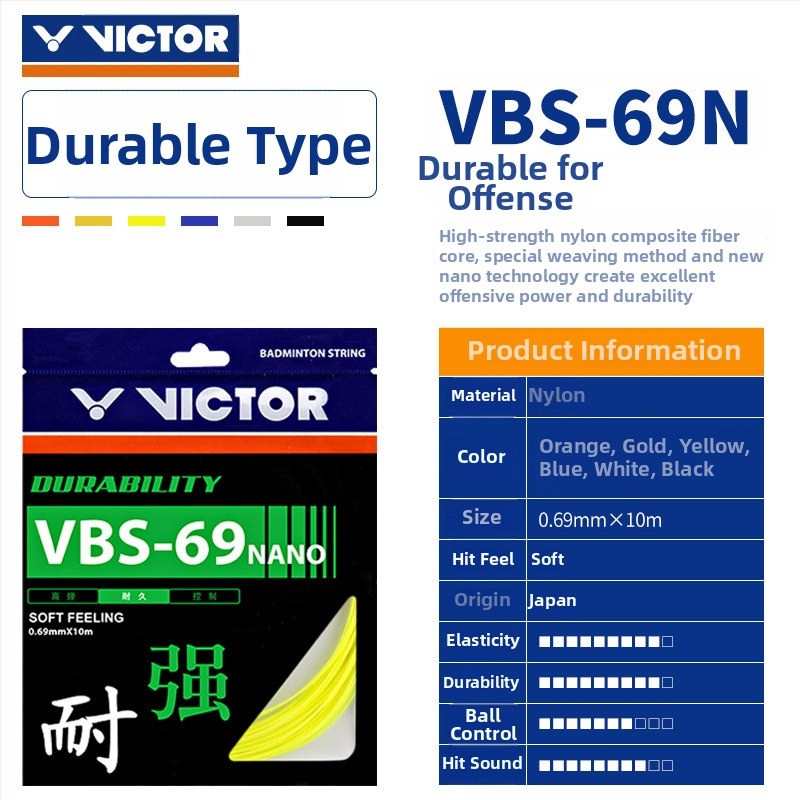 Victor struny na raketu badminton — Útočná Feather Line, vysoká elasticita, odolné, modely VBS63/66/68/69/70