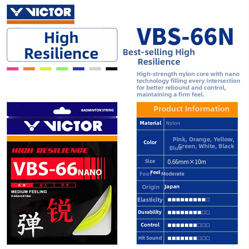 Victor struny na raketu badminton — Útočná Feather Line, vysoká elasticita, odolné, modely VBS63/66/68/69/70
