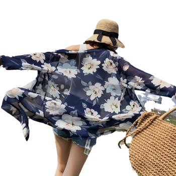 Шифон кардиган топ с принт, яка‑лист лотуса, ръкав 3/4, дължина 65–80 см, съдържание 50–70% спандекс.