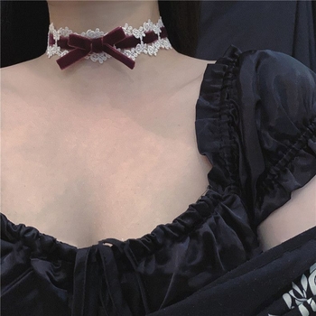 Чокър с дантелена панделка и ключична верижка, Хараджуку Lolita вдъхновение, винтидж стил (Материал: Друг; Марка: Unique; Пролет 2025; Стил: Винтидж; Стилова класификация: Свеж и сладък)