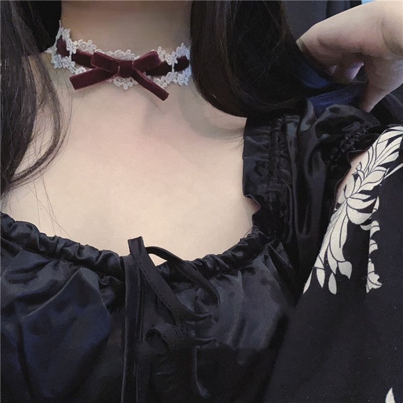 Чокър с дантелена панделка и ключична верижка, Хараджуку Lolita вдъхновение, винтидж стил (Материал: Друг; Марка: Unique; Пролет 2025; Стил: Винтидж; Стилова класификация: Свеж и сладък)