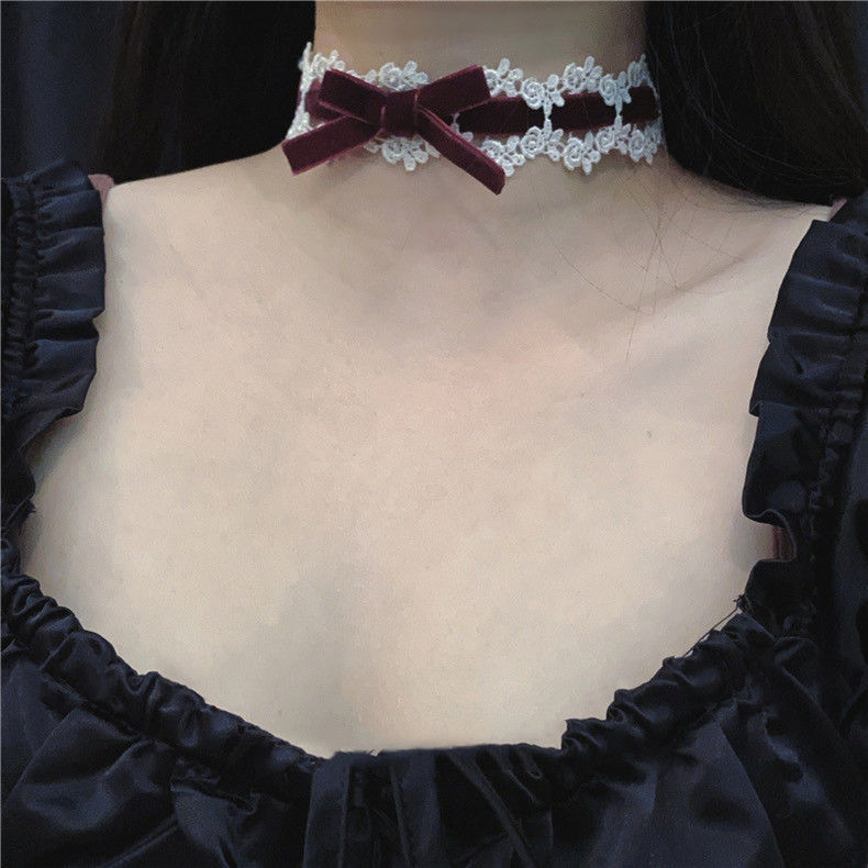 Чокър с дантелена панделка и ключична верижка, Хараджуку Lolita вдъхновение, винтидж стил (Материал: Друг; Марка: Unique; Пролет 2025; Стил: Винтидж; Стилова класификация: Свеж и сладък)