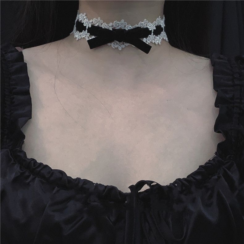 Чокър с дантелена панделка и ключична верижка, Хараджуку Lolita вдъхновение, винтидж стил (Материал: Друг; Марка: Unique; Пролет 2025; Стил: Винтидж; Стилова класификация: Свеж и сладък)