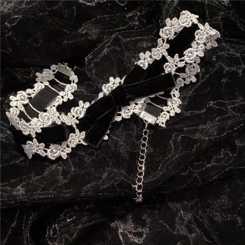 Чокър с дантелена панделка и ключична верижка, Хараджуку Lolita вдъхновение, винтидж стил (Материал: Друг; Марка: Unique; Пролет 2025; Стил: Винтидж; Стилова класификация: Свеж и сладък)